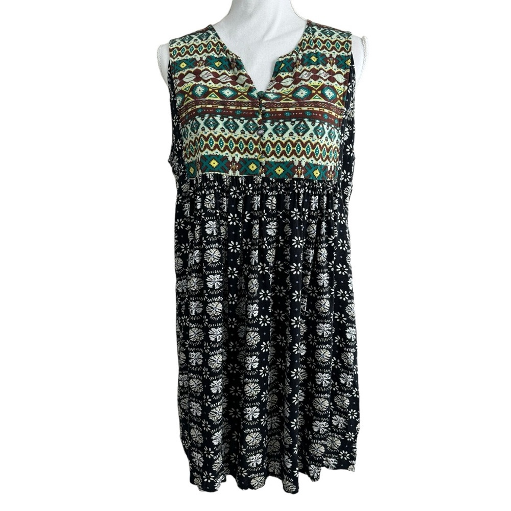 Umgee Dress Size Large Mixed Print Floral Peasant Boho Flowy Prairie Blue Green